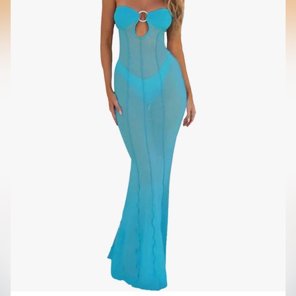 Long sheer blue strapless dressduster Hollywood lingerie silhouette cover up